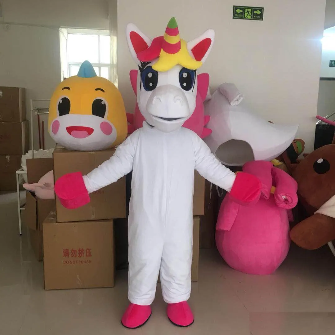 Traje de mascote de unicórnio 2019 adorável cavalo voador branco cospaly personagem animal de desenho animado adulto traje de festa de halloween traje de carnaval