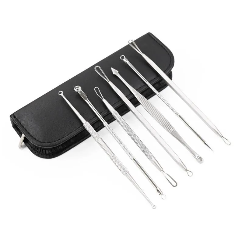 Spot stainless steel PU leather cover to remove facial acne blackhead and fat particles seven piece set care tool