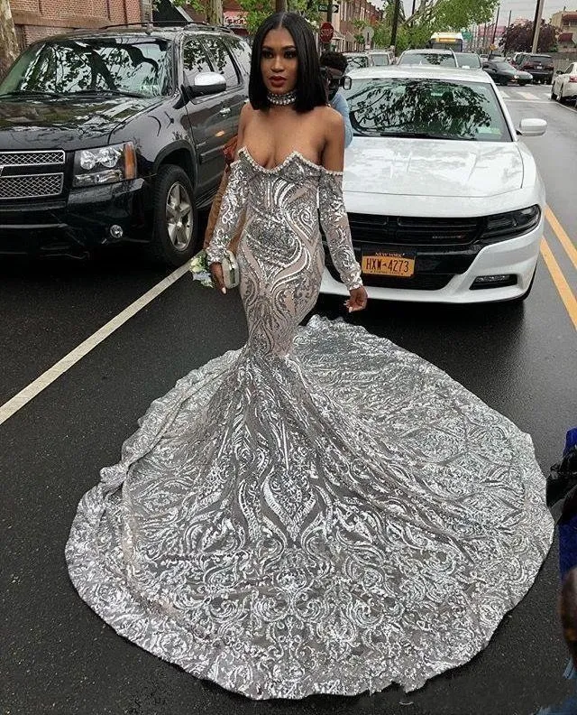 New Arabic Sexy Silver Sequins Lace Prom Dresses Off Shoulder