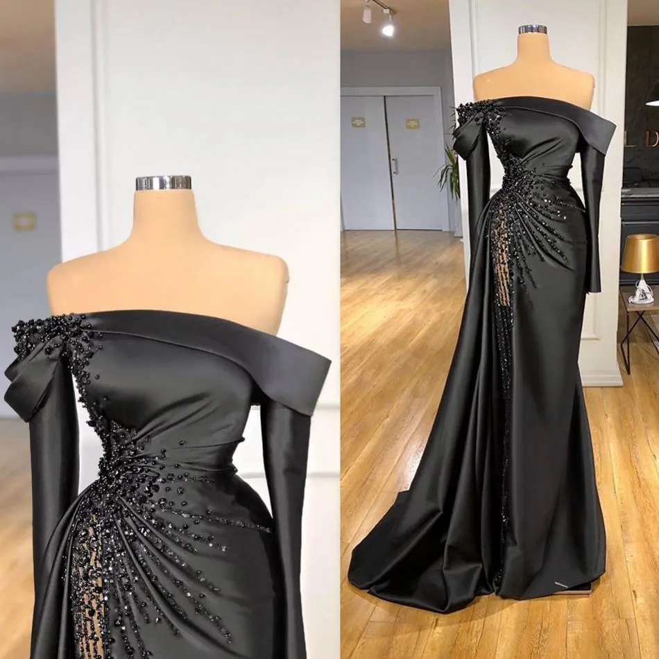 Elegant Evening Dresses Off Shoulder Long Sleeves Lace Beads Satin Prom Gowns 2021 Custom Made High Side Split Special Occasion Wear