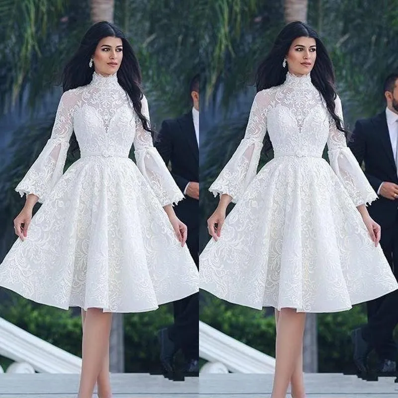 DHgate Arabic White 2019 Cocktail Dresses A Line 3 4 Sleeves Appliques Lace Knee Length Elegant Party High Neck Homecoming Dresses Wedding Party Events