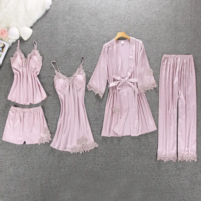 Pijama Mujer Pijamas 5 Piezas Satin Sleepwear Pijama Silk Home Wear Casa Ropa Bordado Sleep Lounge Pijama con Portajillas