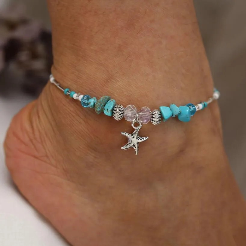 Kvinnor retro stil anklets conch sjöstjärna hänge peal turkos silver pläterad pärla fotkedja yoga beach armband grossist