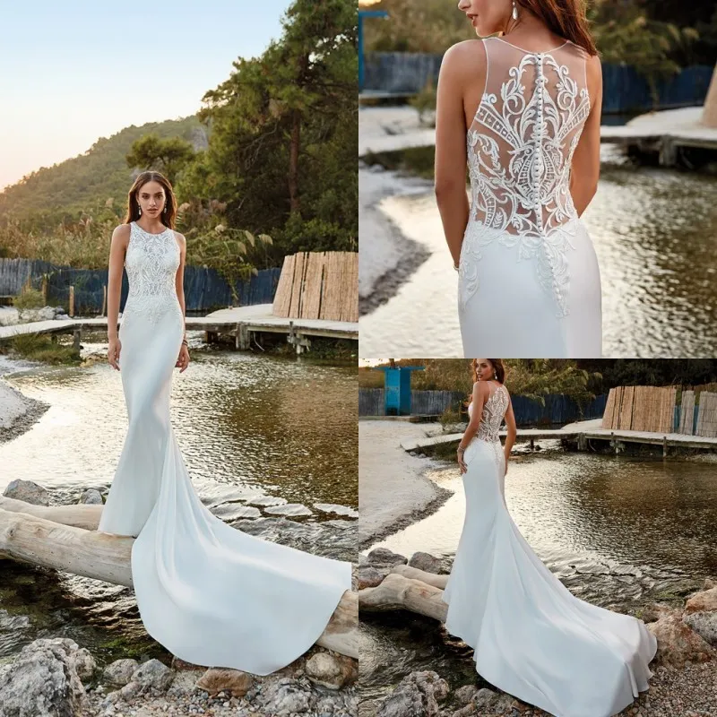 Eddy K 2019 Abiti da sposa in raso a sirena Abiti da sposa con applicazioni di pizzo Gioiello Collo Abito da sposa lungo semplice da spiaggia stile Boho