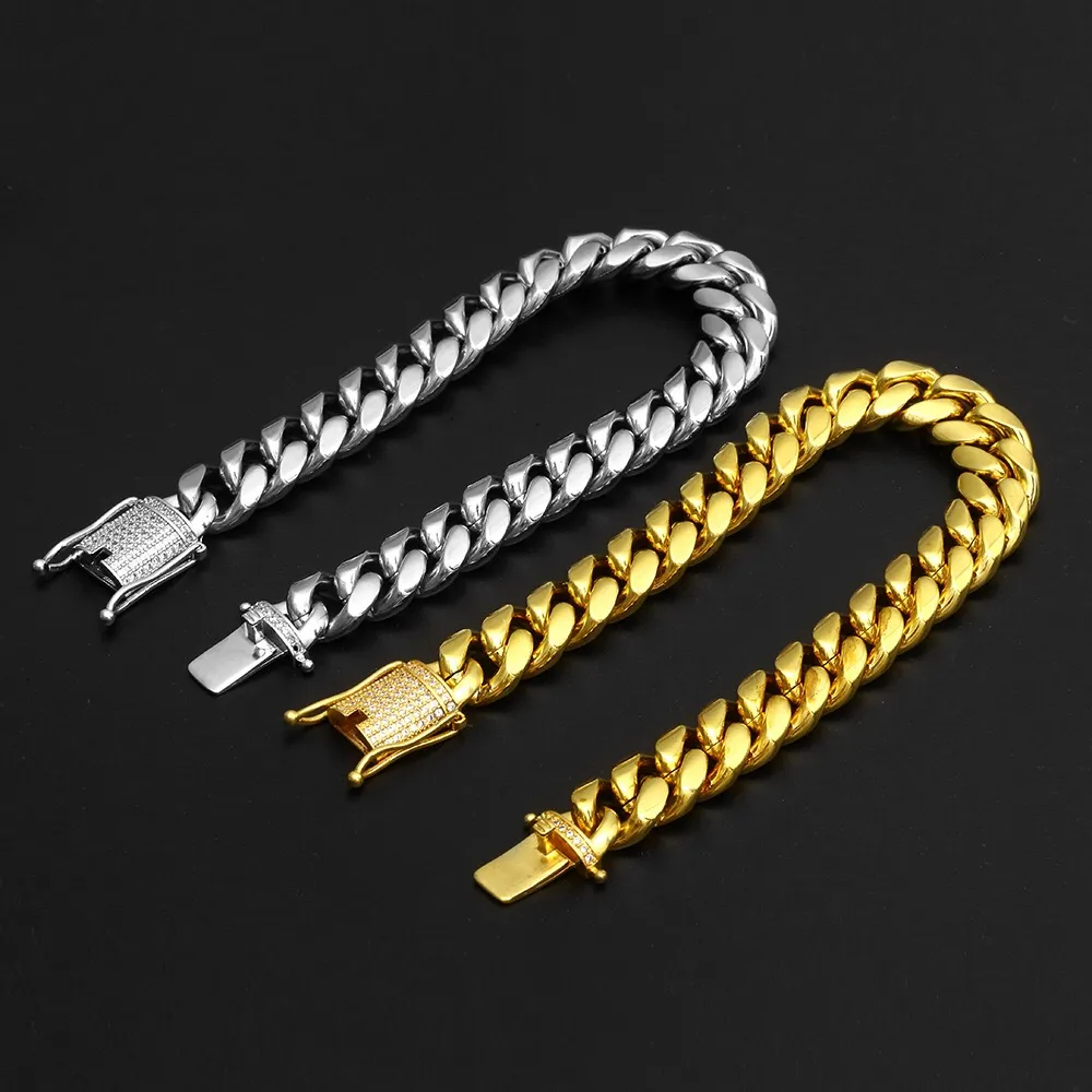 12mm Cuban Rapper Bangle Chain Gioielli hip hop Oro argento Stainles Steel Cubic Zircon Clasp Mens Miami Chain Bracelet 7 8 9 inch2916