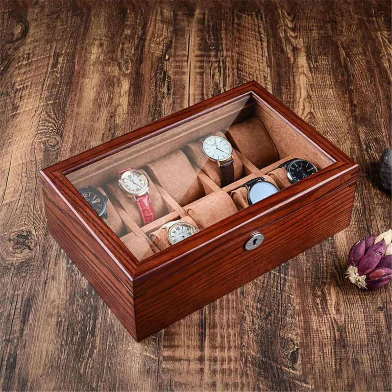 Vintage wax massief hout horloge display box organizer horloge houten kist met raam sieraden opslag verpakking geschenkdoos