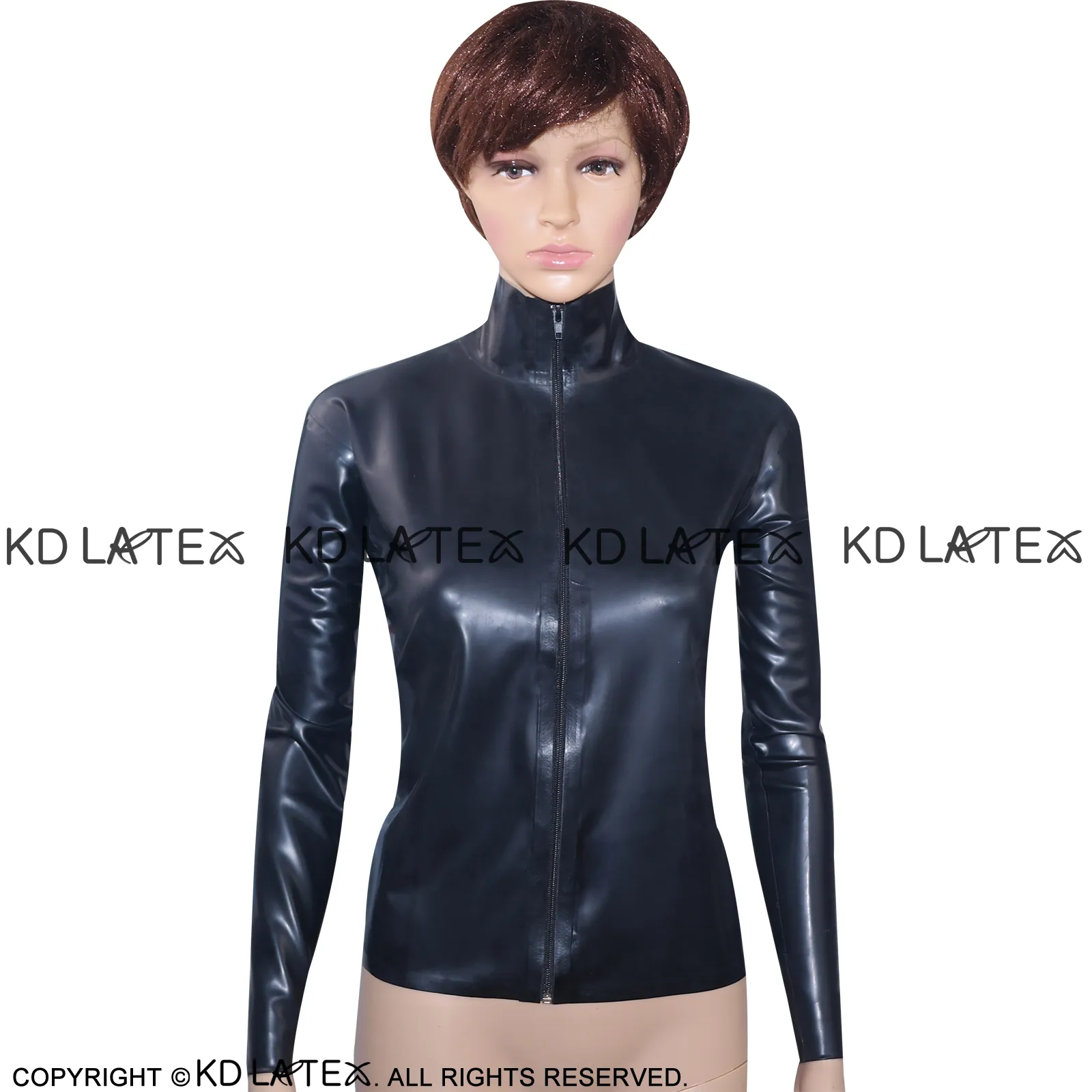 Veste noire sexy en latex avec fermeture éclair à l'avant, manteau en caoutchouc fétiche à manches longues, grande taille 0021