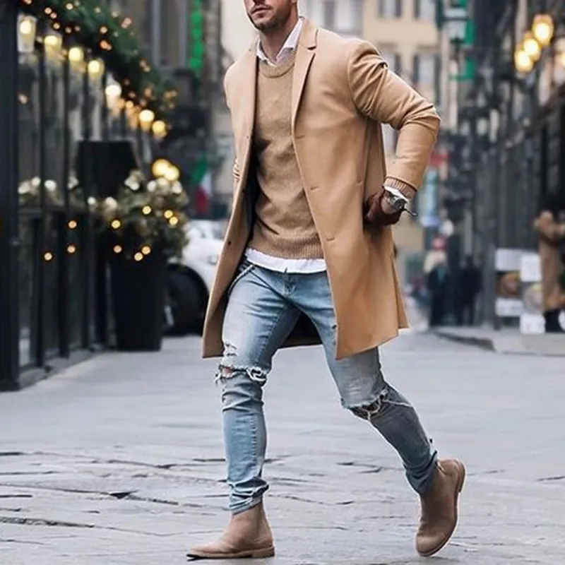 Spring Winter Mens Brand Fleece blends Jacket Male Overcoat Casual Solid Slim collar coats Long cotton trench coat Streetwear