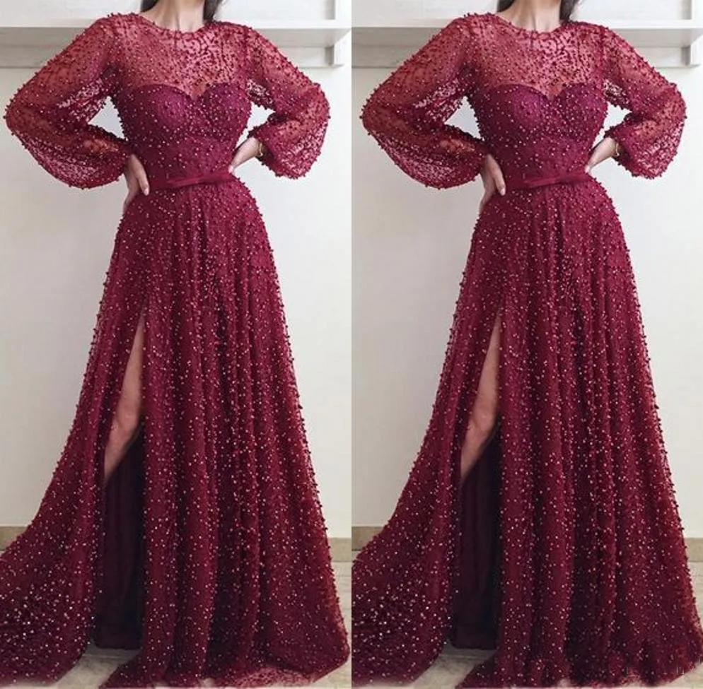 Seksowny zroszony suknia wieczorowa z długim rękawem Syrenka Dark Red Evening Suknie Wysokie Split Formalne Prom Dresses Robe de Soiree Abendkleider