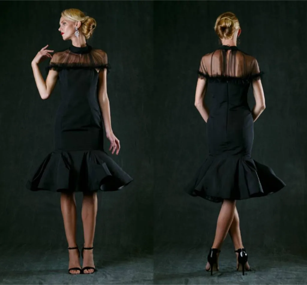 2022 Black Knee Length Cocktail Dress Illusion High Neckline Satin Short Sleeve Ruched Plus Size Elegant Short Little Black Party Prom Gowns