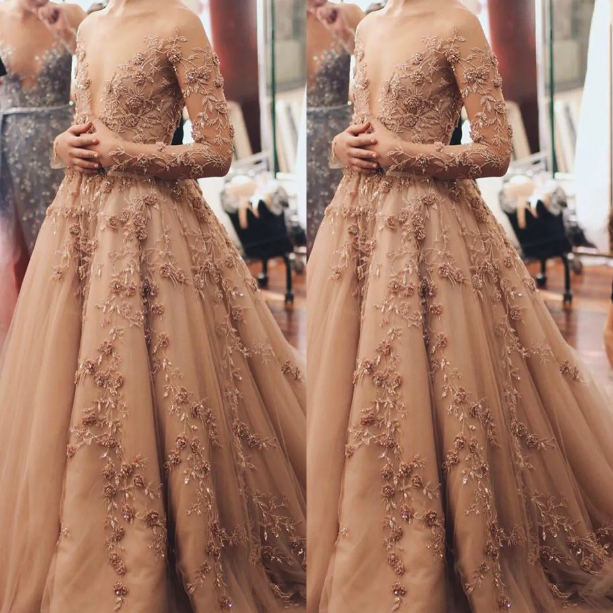 Long Sleeves Champagne Floral Lace Prom Dress Long Sleeves Champagne Floral Lace Prom Dress