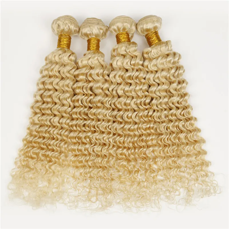 En gros 10-28 pouces couleur blonde blanchie # 613 russe brésilien péruvien indien malaisien vierge cheveux bouclés profonds extensions de cheveux humains 4 pcs