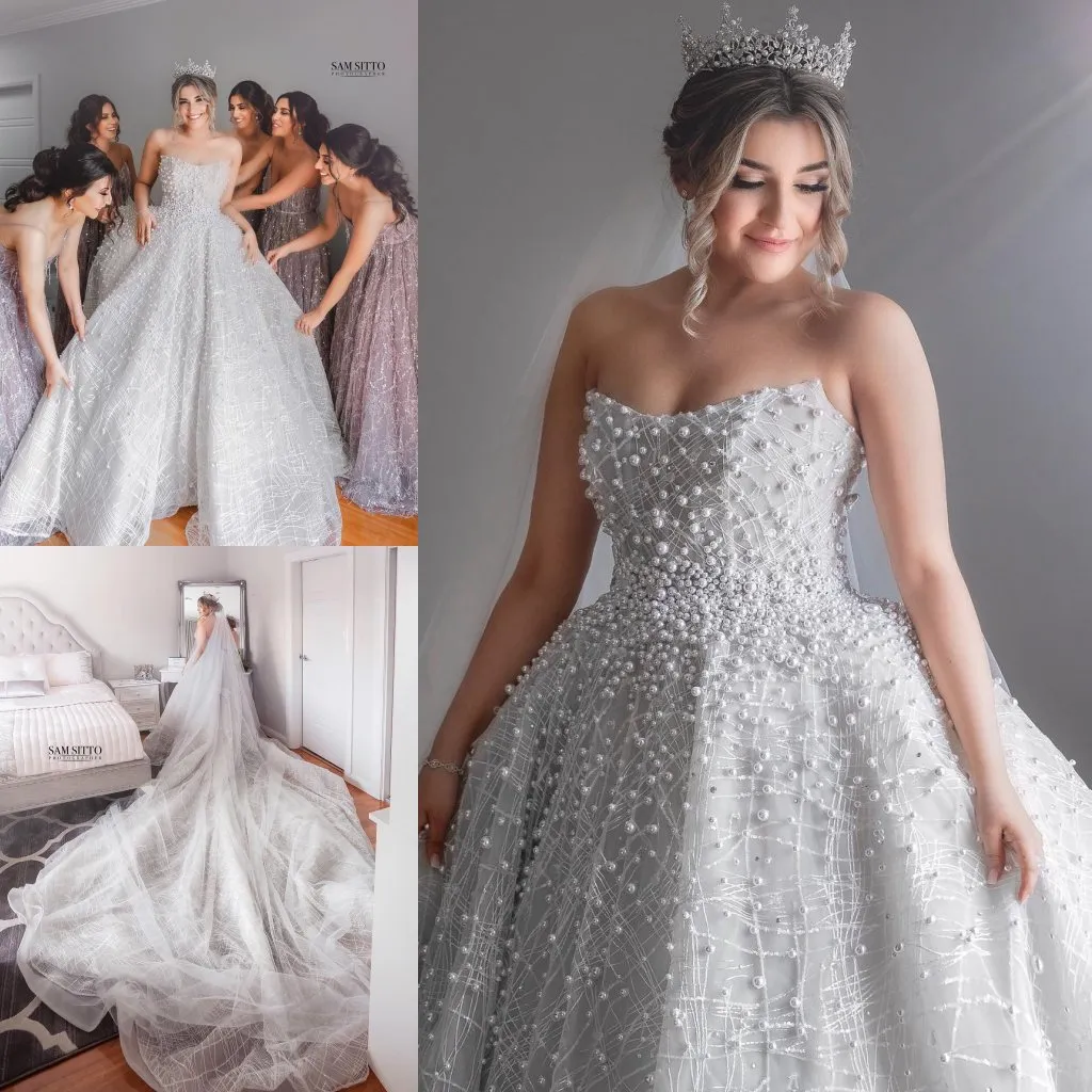 2020 Modeste élégante sans bretelles robe de bal sans manches robes de mariée en dentelle appliques perles robes de mariée balayage train robes de mariée