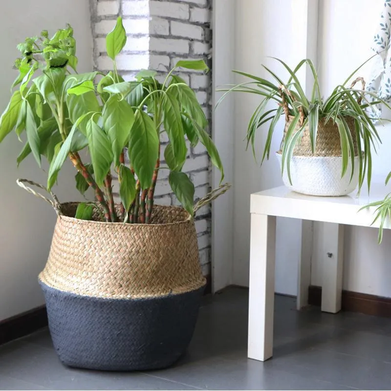 Handmade-Bamboo-Storage-Baskets-Foldable-Laundry-Straw-Patchwork-Wicker-Rattan-Seagrass-Belly-Garden-Flower-Pot-Planter