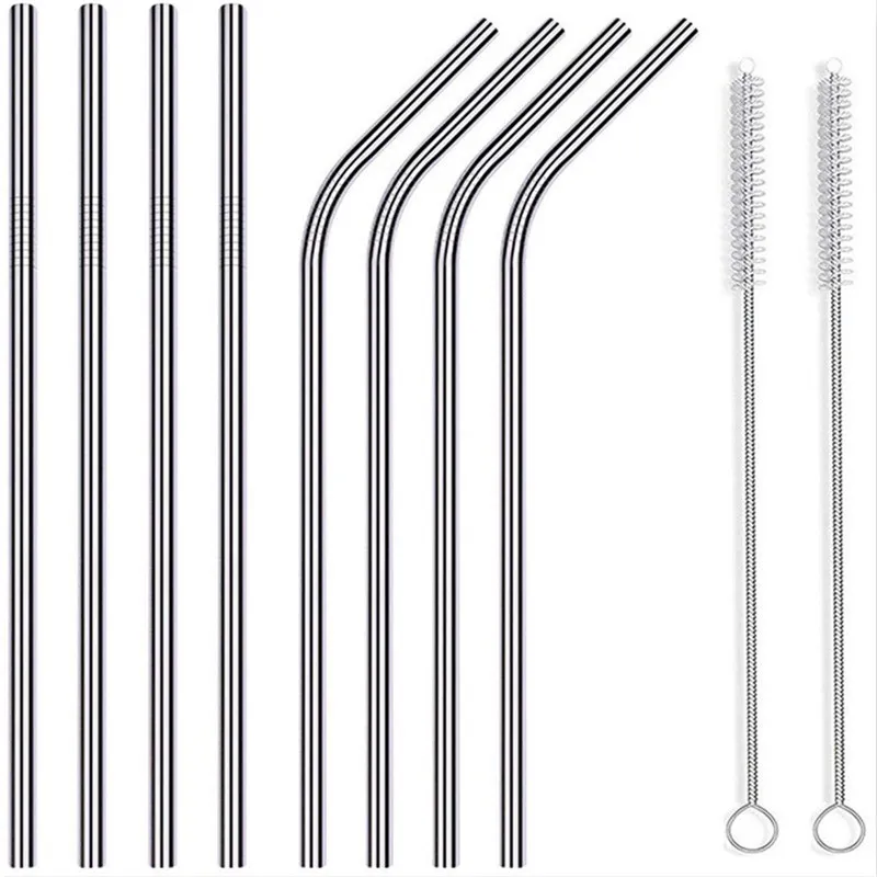 Pailles à boire en acier inoxydable Pailles métalliques droites et courbées réutilisables Brosse de nettoyage de paille en acier inoxydable extra longue pour café, jus, thé