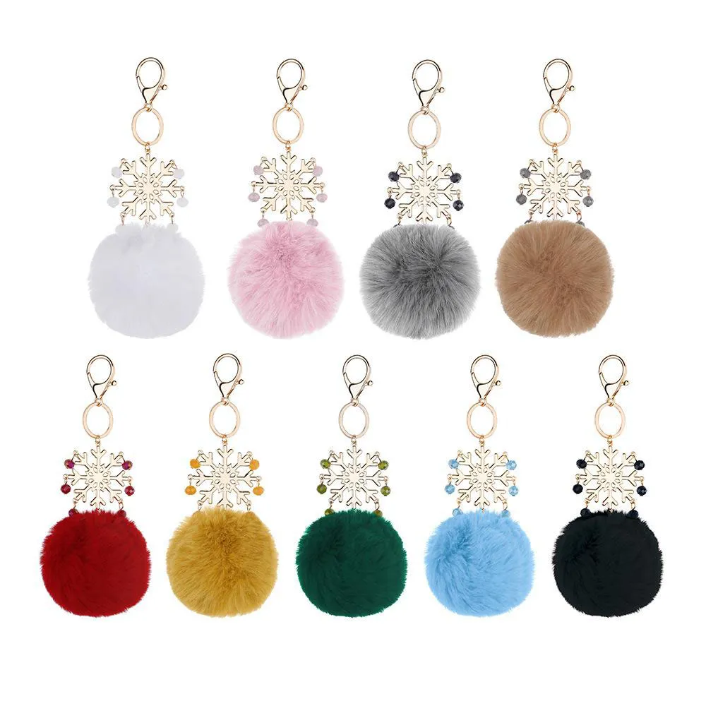 Llaveros de bolas de pelo de conejo auténtico de 9 colores, llavero de copo de nieve de aleación de felpa suave, llavero de coche, decoración de bolso, accesorios de joyería de moda