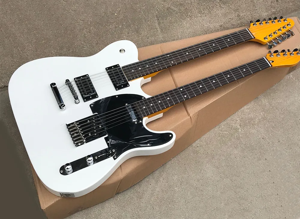 Guitare électrique à 6 + 12 cordes à corps blanc à double manche avec pickguard blanc, quincaillerie chromée, touche en palissandre, peut être personnalisée