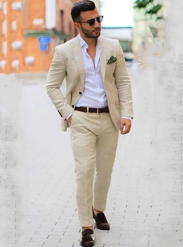 Мода Бежевый Groom Tuxedos Нотч Slim Fit Мужские свадебные смокинги мужчин куртка Blazer Отлично 3 шт Костюм (куртка + штаны + Tie + Vest) 1529