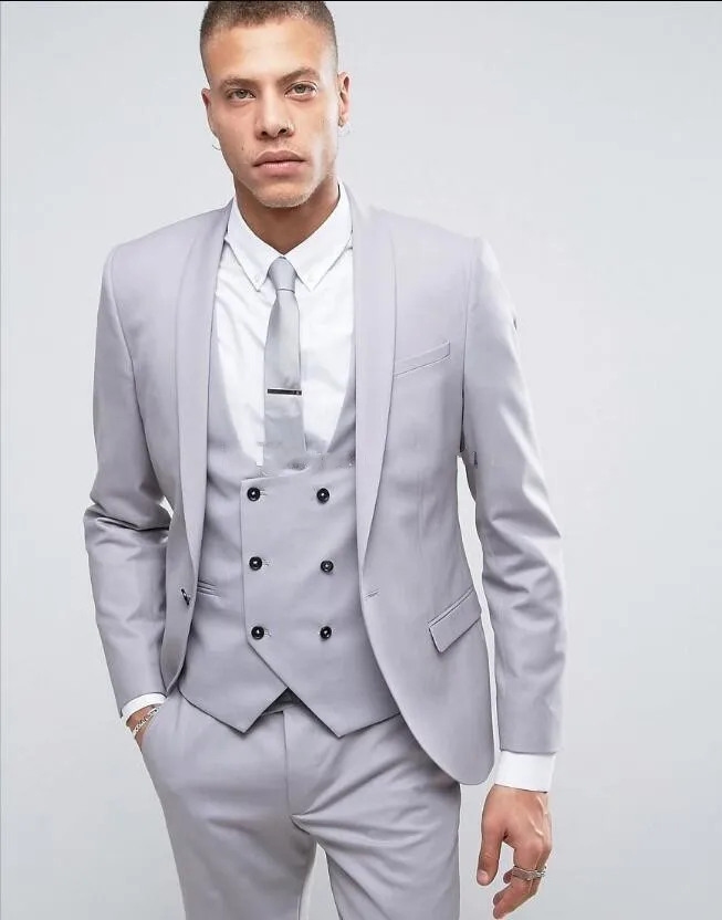 Szary Groom Tuxedos Szal Kapel Groomsman Wedding 3 Piece Suit Moda Mężczyźni Business Party Jacket Blazer (kurtka + spodnie + krawat + kamizelka) 2287 \ t