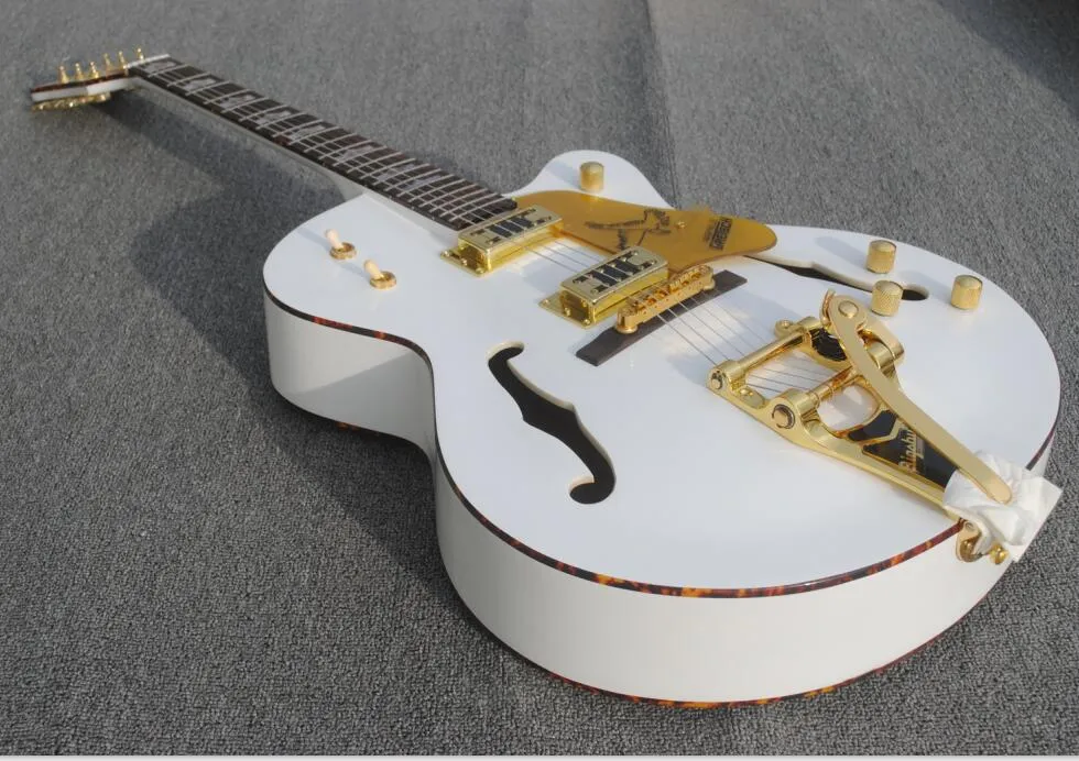 White Falcon G6120 Semi Hollow Body Jazz Guitarra eléctrica Imperial Tuners, agujeros dobles F, encuadernación de cuerpo de concha de tortuga roja, puente Bigs Tremolo