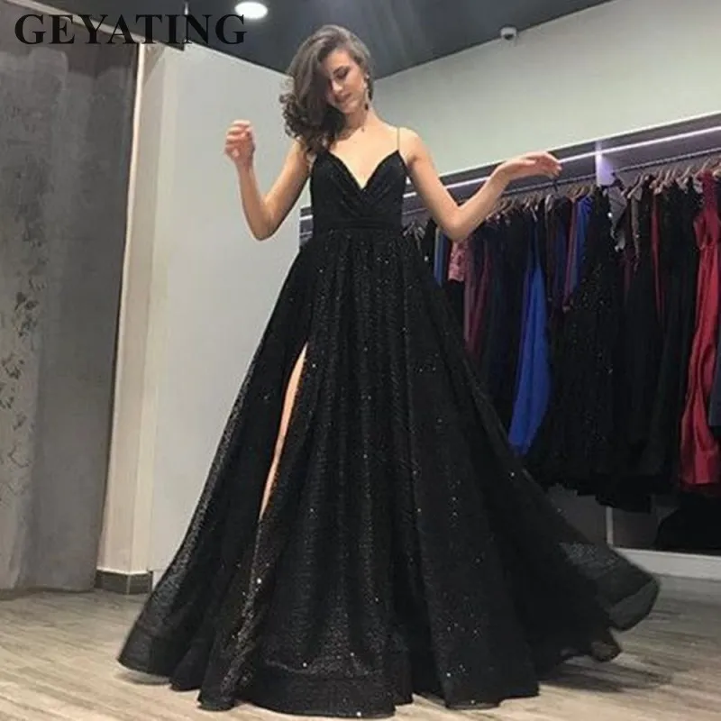 Sparkly Black Sequined Long Prom Dresses 2018 Sexy Spaghetti Straps deep V-Neck Side Split Evening Party Gowns Women Formal Dress