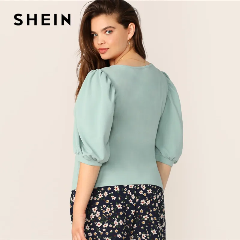 SHEIN Plus Size Verde Quadrado Pesco o Manga Top Blusa Blusa 2019 Mulheres Primavera Ver o Elegante Bishop Manga Officewear Camisa Blusa