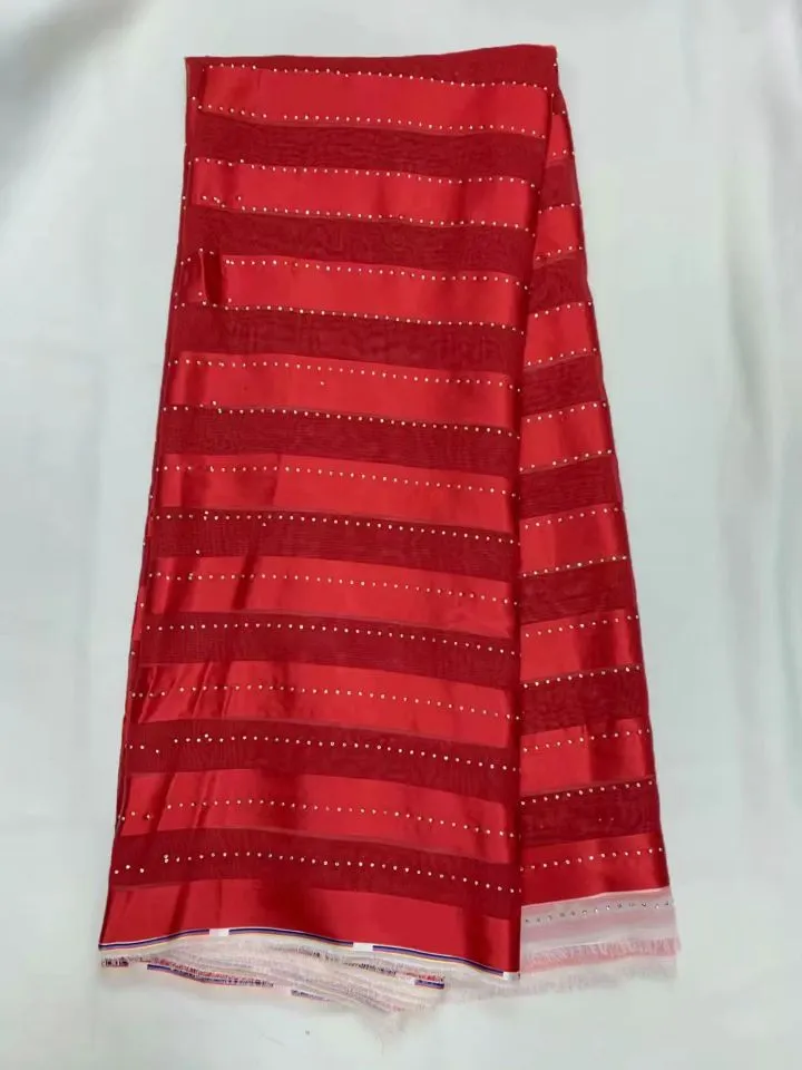5 mètres/lot merveilleux tissu de soie en mousseline de soie rouge avec strass dentelle de Satin doux africain pour s'habiller LG1-11
