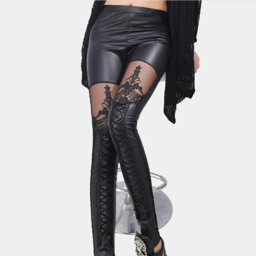 Svart Legins Punk Gotiskt Mode Kvinnor Leggings Sexiga PU-lädersömmar Broderi Hollow Spets Leggings För Kvinnor Leggins