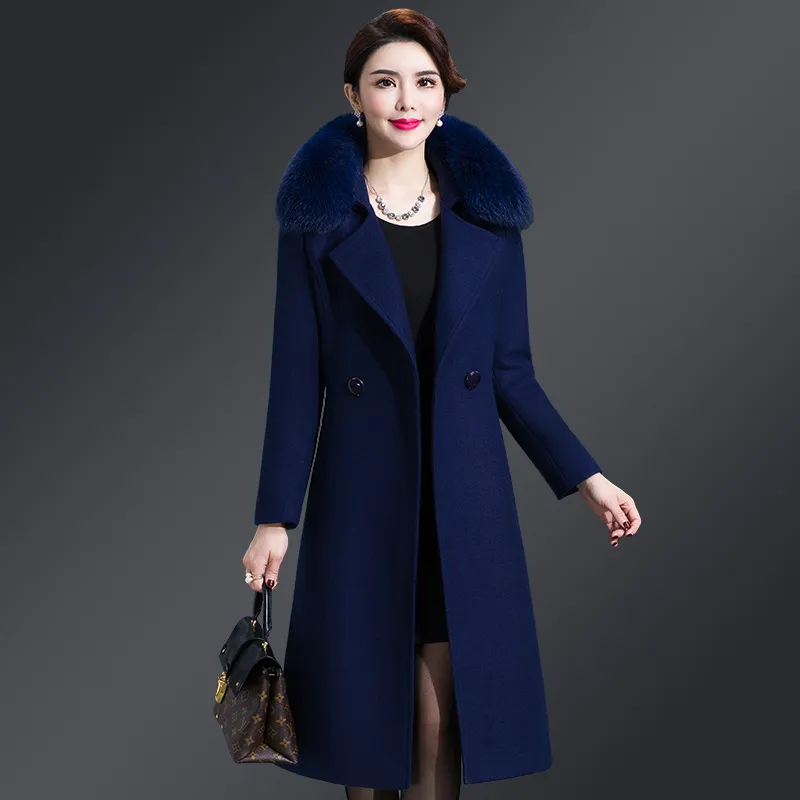 2018 winter wool coat women 5XL long fur collar double faced cashmere coat Blends Sashes Slim Pockets Outerwear