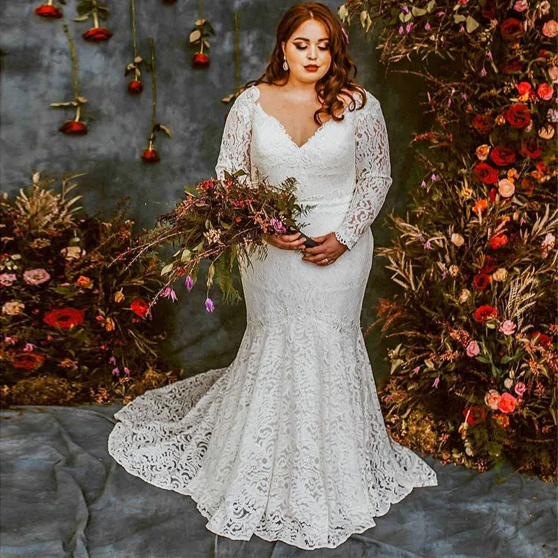 Classy Plus Size Mermaid Lace Wedding Dresses V Neck Long Sleeves Country Bridal Gowns Sweep Train Trumpet Vestido De Novia