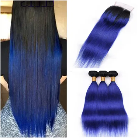 Malásia Cabelo Humano azul escuro Ombre onda do corpo Weave Pacotes 3Pcs com fecho # 1B / azul Ombre tramas do cabelo com 4x4 Frente Lace Encerramento