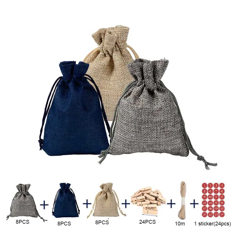 3 kleuren linnen balk geschenk tas set geschikt voor ornament armbanden sachet sachet kerstcadeau 9.5x13.5cm 1 set = 24 stuks tassen