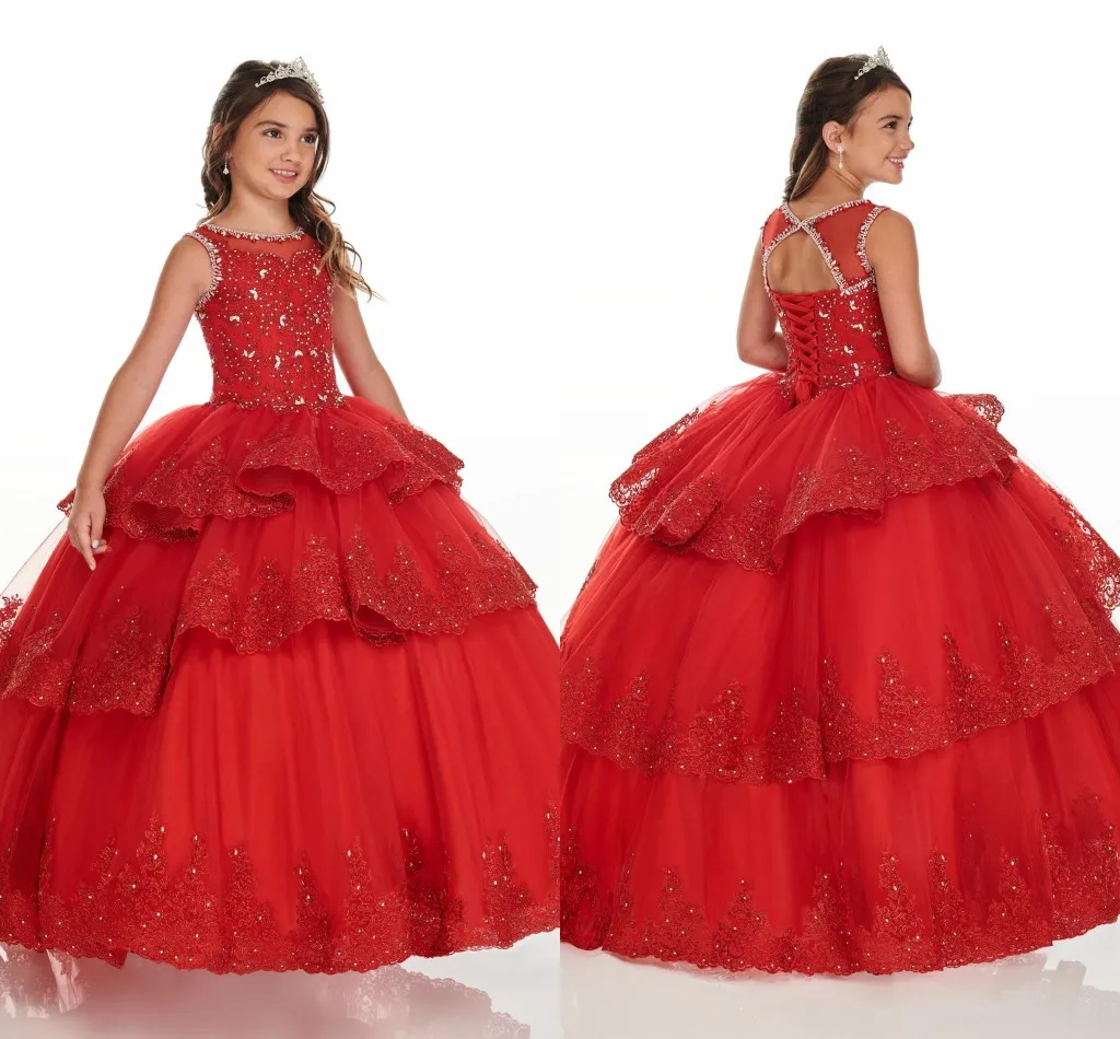 Czerwona Trzy Warstwy Suknia Balowa Wzburzyć Mini Quinceanera Suknie Korowód Dziewczyny Koronkowe Koraliki Lace-Up Klejnot Kwilejka Kwiat Dziewczyna Dress Party Graduation Kids