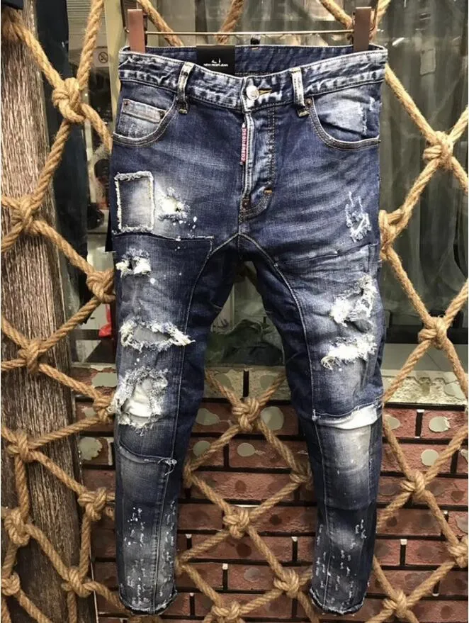 Famosa Marca Pierre Rock Jeans Motociclista Homens Rasgado Denim Rasgando Skinny Fino Buraco Jeans Cal as Jeans Cal as Dos Homens Negros Ruched Menino