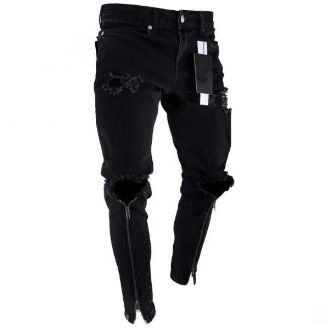 Mens Zipper Holes Designer Jeans Schwarzes Ripped Slim Fit Represen Pencil Pants