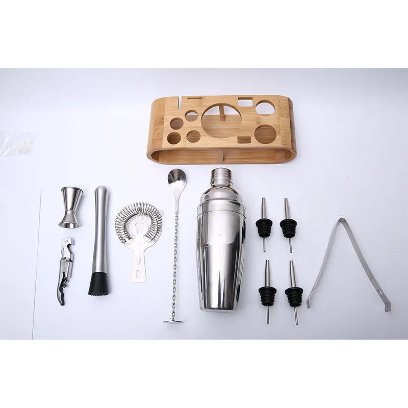 Barment Kit Kokteyl Shaker Set Kit Barmen Kiti Shakers Paslanmaz Çelik 12 Parçalı Çubuk Araç Seti Şık Bambu Stand C1904216P