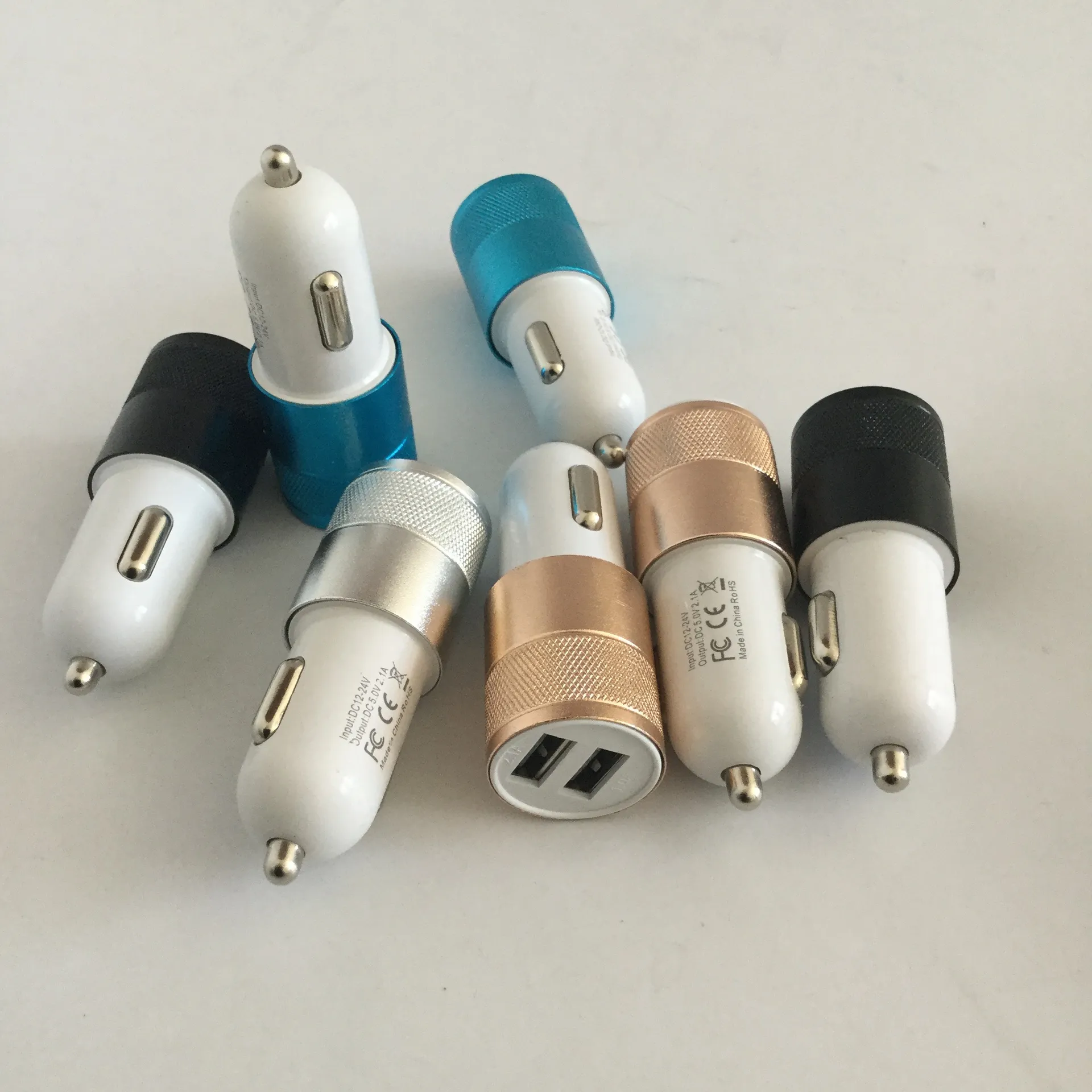 Car Charger Aluminum alloy Metal Dual USB Port 5V 2.1A+1.0A Universal for Smart Phone Small steel gun Design 100PCS/LOT