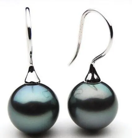 Huge pair 12-13mm South Sea genuine perfect black blue green pearl 925 silver earring