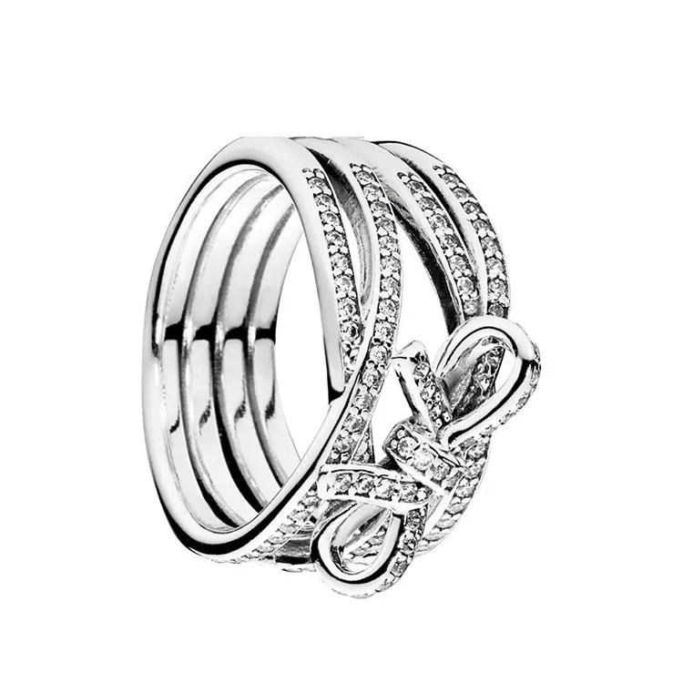 Ruban tincelant et bague n ud CZ Bijoux en diamant pour Pandora 925 Sterling Silver Haute qualit Femmes Grils Anneaux avec coffret d origine