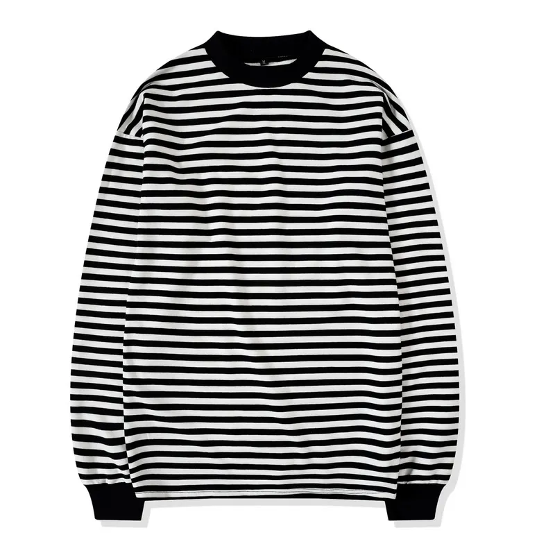 Oversize Street Style para hombre sudadera con redondo blanco negro a rayas acanalado