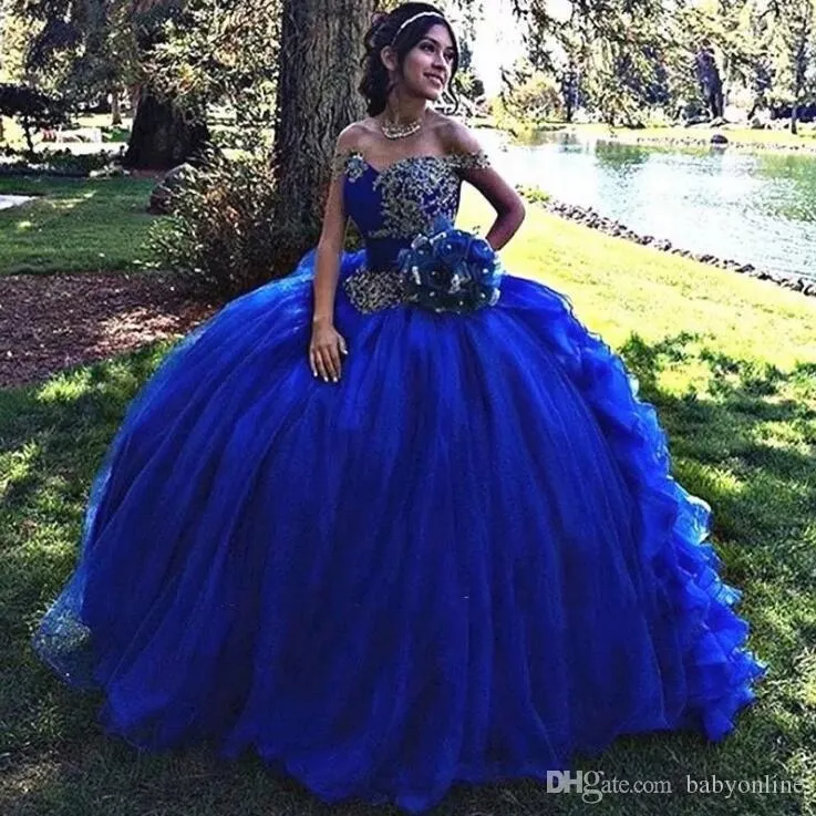 우아한 섬세한 로얄 블루 Quinceanera 드레스 - 어깨 자수 레이스 아첨 Apliqued Sweet 16 Dresses Ball Gown Vestidos de 15 Anos