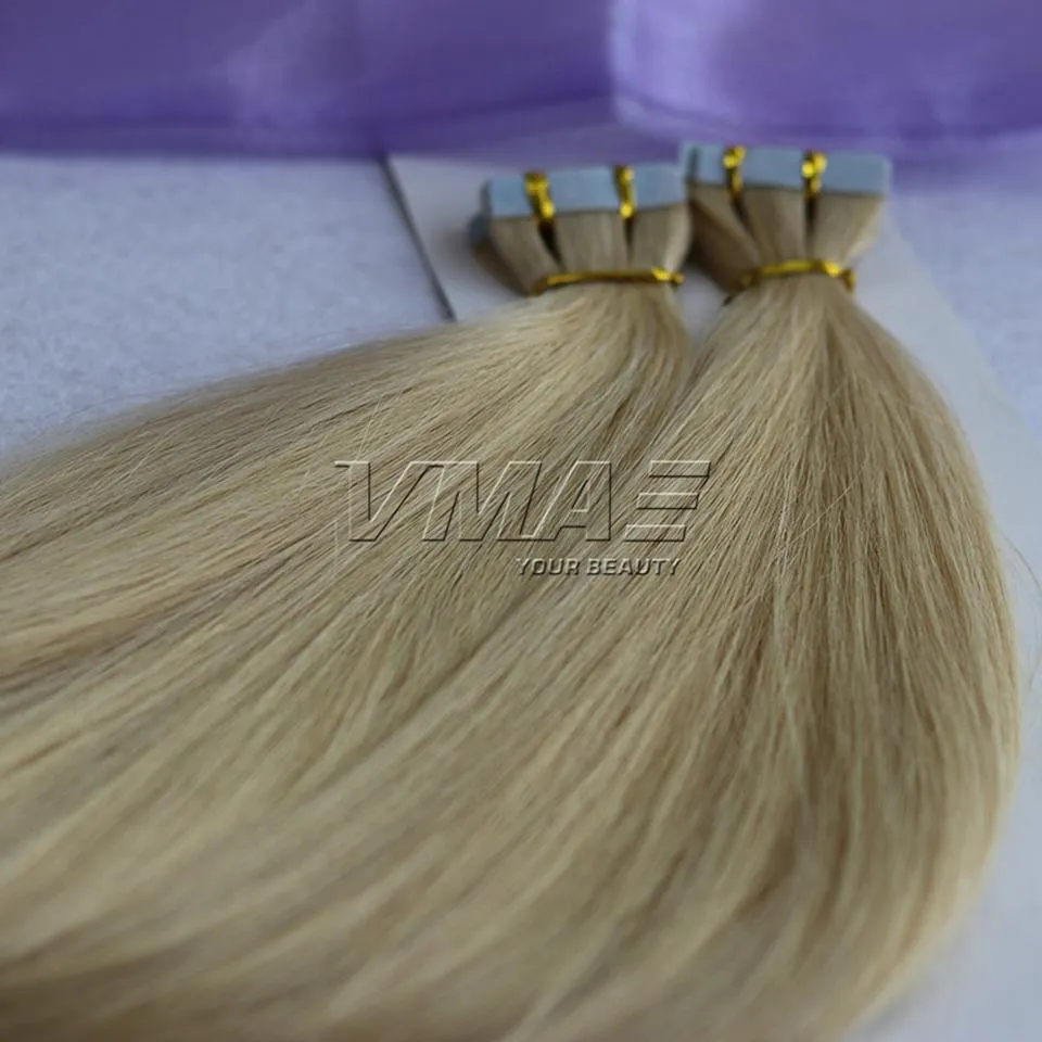 Russian Blonde #613 18 to 24 Inch Double Drawn Straight Silk Skin Weft Virgin Remy Human Hair Extension Tape In