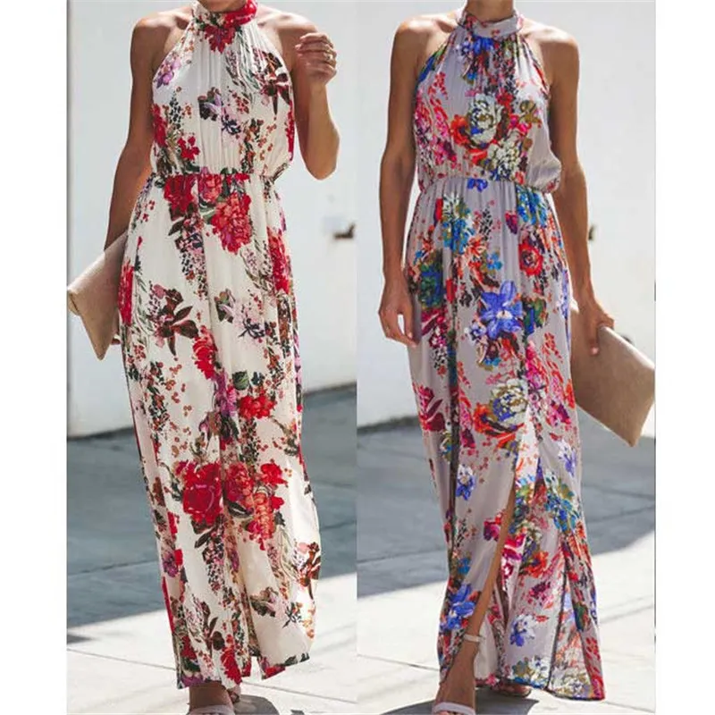 Womens Boho Long Maxi Dress Lady Evening Party Beach Dress Sundress Floral Ärmlös Lång Klänning