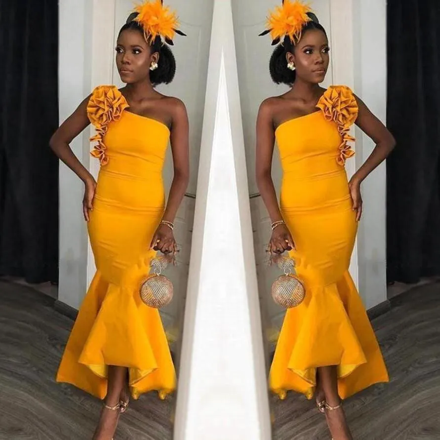 2020 Hot African One Shoulder Hi Lo Mermaid Cocktail Dresses Flower Ruffles Ankle Length Dress Formal Party Wear