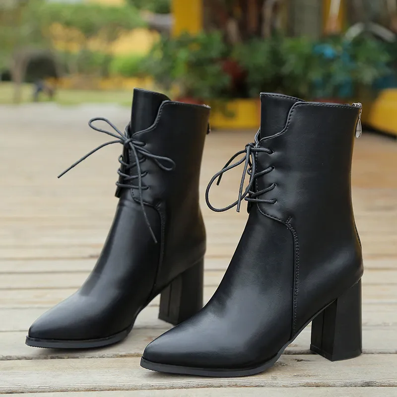 V191217 Womens Pointed Toe Leather Ankle Boots Green Plush  display picture 3