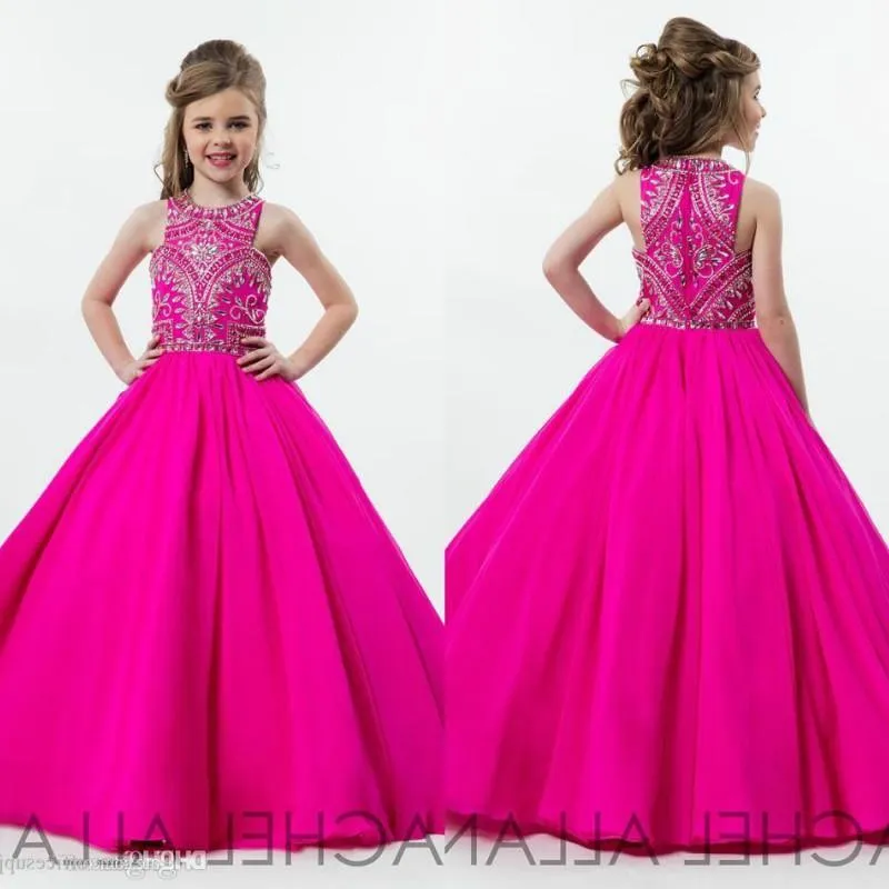 2020 Hot Fuchsia Princess Girls Pageant Dresses for Teens Beading Rhinestone Floor Length Flower Kids Formal Wear Birthday Dress BC0187