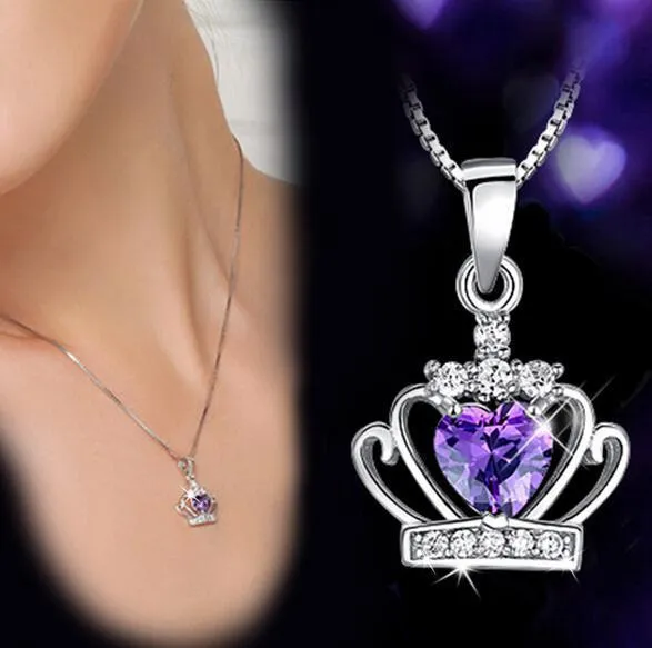 Nuovo arrivo gioielli in argento sterling 925 corona di cristallo austriaco pendente da sposa collana viola/argento con onde d'acqua GB1460