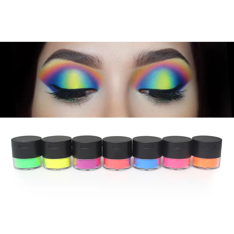 Geen logo glitter oogschaduw poeder 7 kleuren neon oog schaduw cosmetische losse poeder neon waterdichte ogen make-up hoge kwaliteit