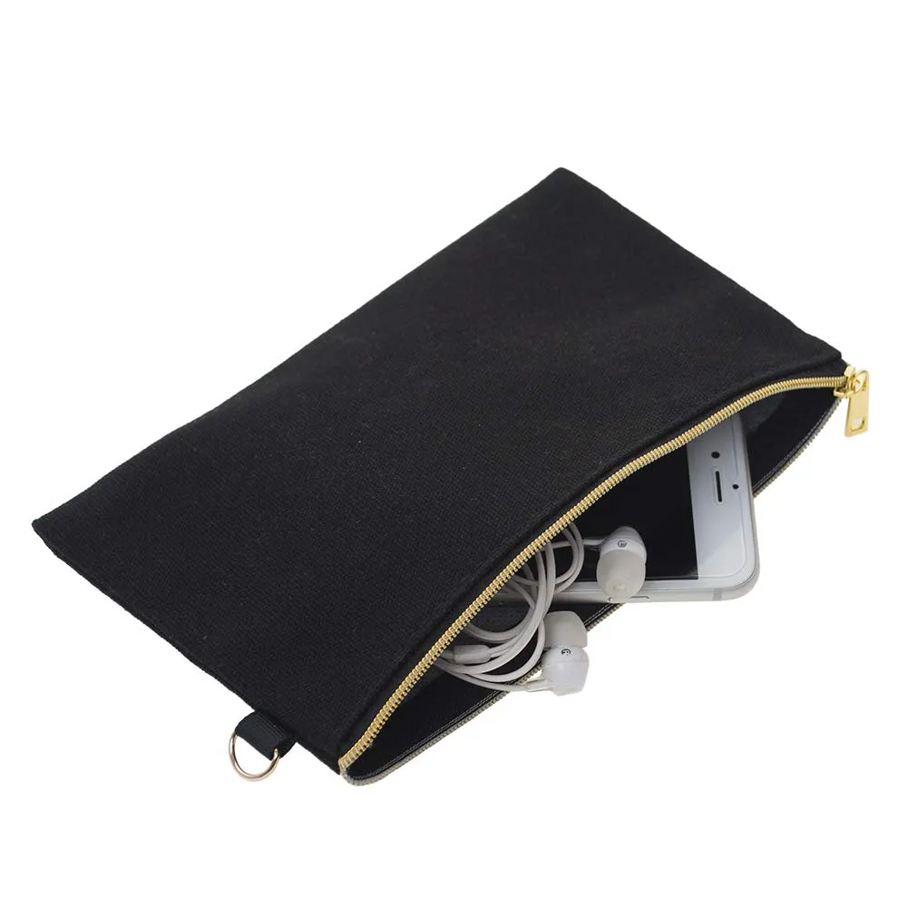 20cmX10cm Natural Black White 12oz Canvas DIY Project Pouches Makeup Cosmetic Bag with Golden Silver Zipper & D Ring