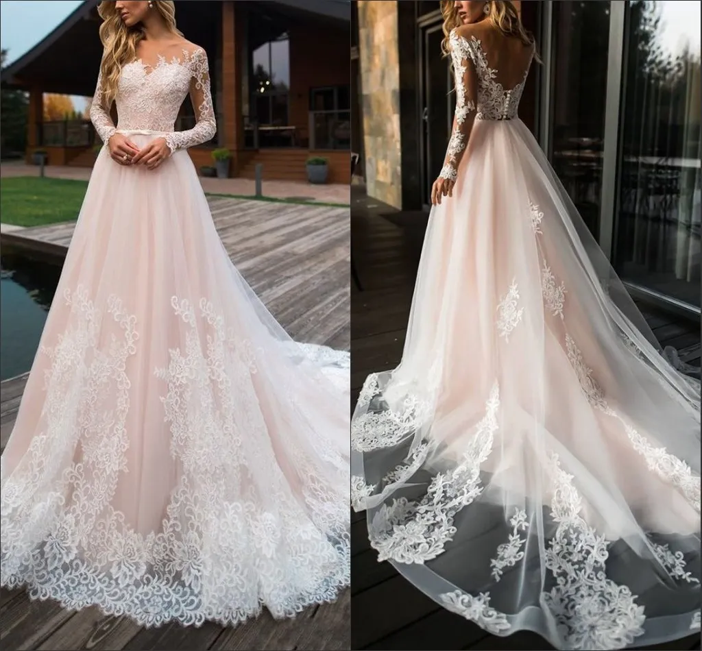 Blush Pink Tulle A Line Wedding Dress V neck Lace Long Sleeve Garden Bridal  Gown | eBay
